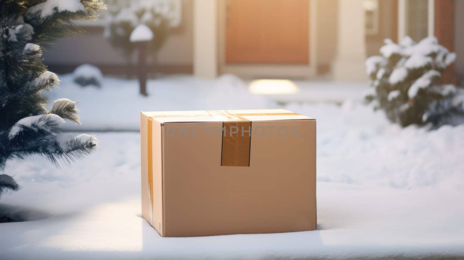 Delivered parcel box on door mat near winter snow entrance. Christmas online shopping. Black Friday sale