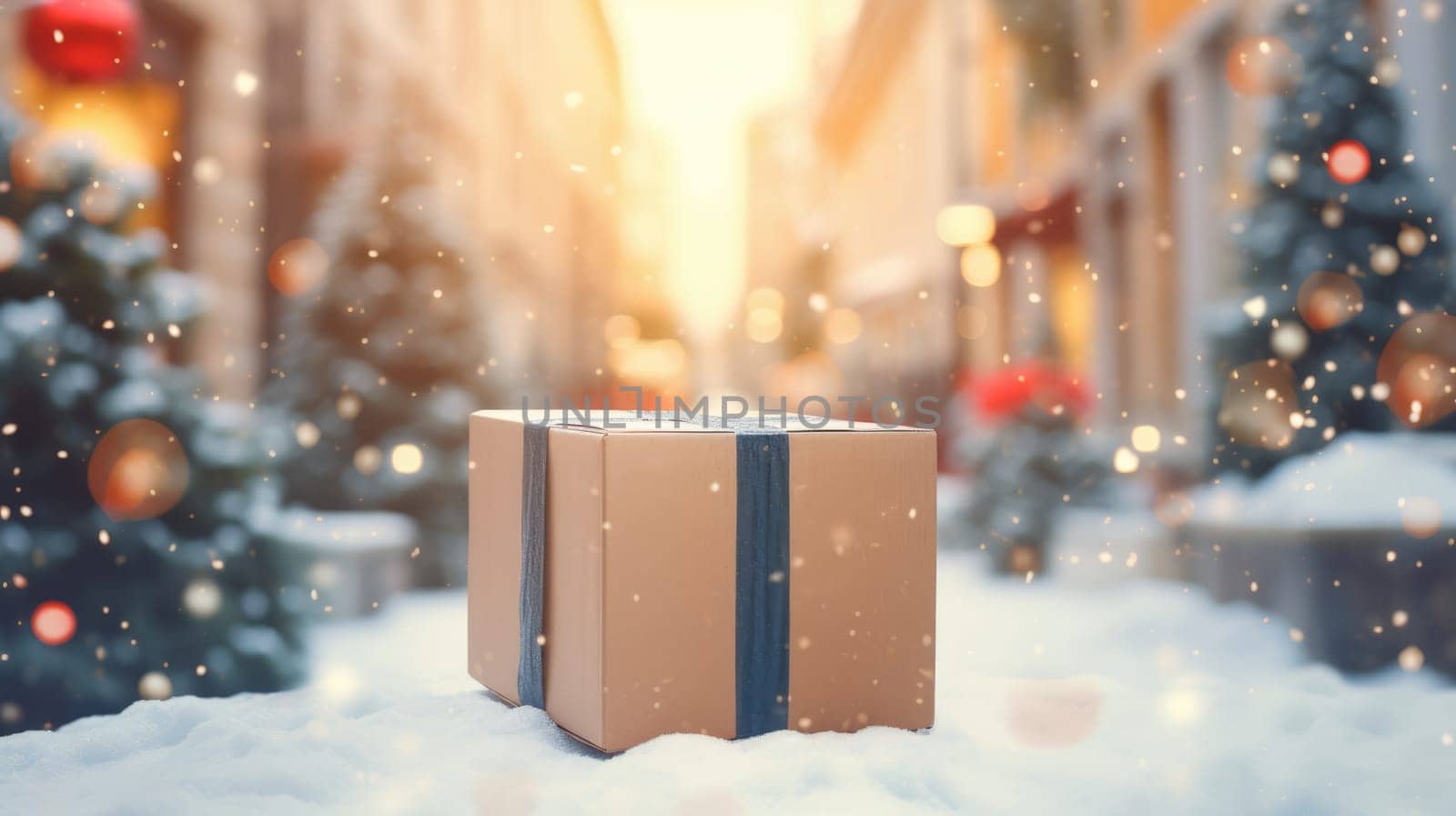 Delivered parcel box on door mat near winter snow entrance. Christmas online shopping. Black Friday sale