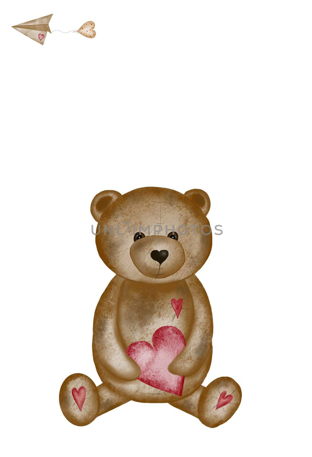 Watercolor drawing of a cute bear with a heart. Valentine's day card template with cute teddy bear. Holiday card for loved ones.