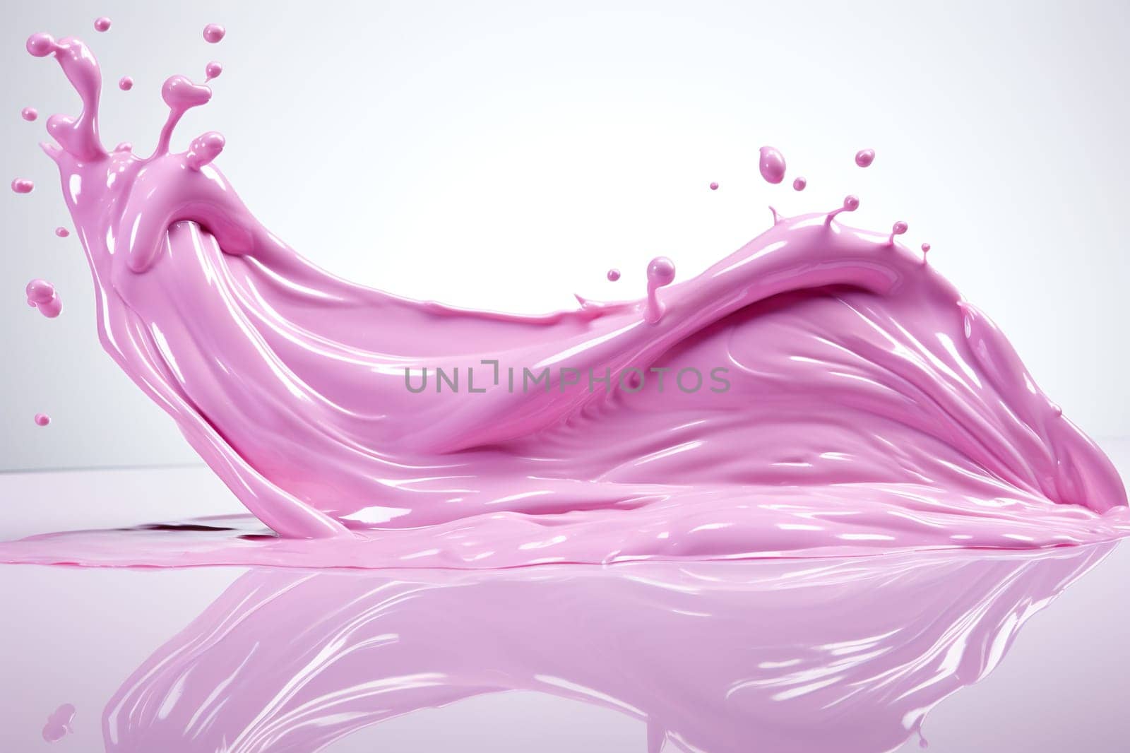 Splash of lilac icing, milk on a white background with reflection. Studio photo of the product.