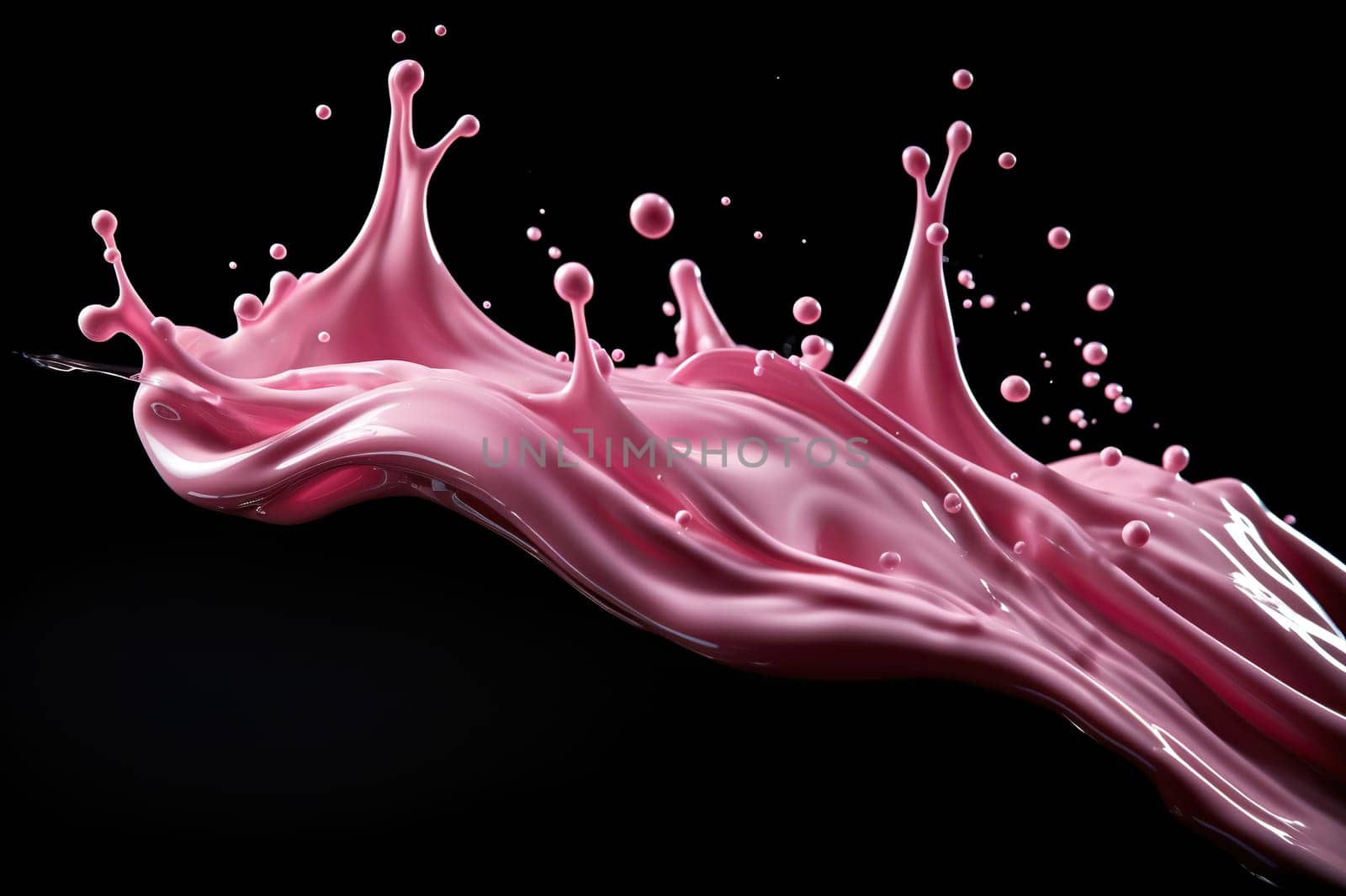 Splash of pink icing, milk on a black background. Studio photo of the product. Generated by artificial intelligence by Vovmar