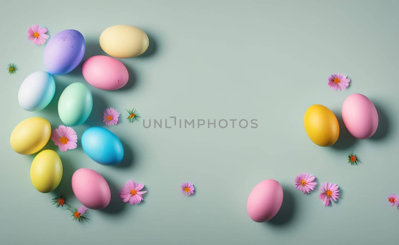 Minimalist, modern Easter background with flowers and Easter eggs in pastel colors with lots of free space on a soft blue background