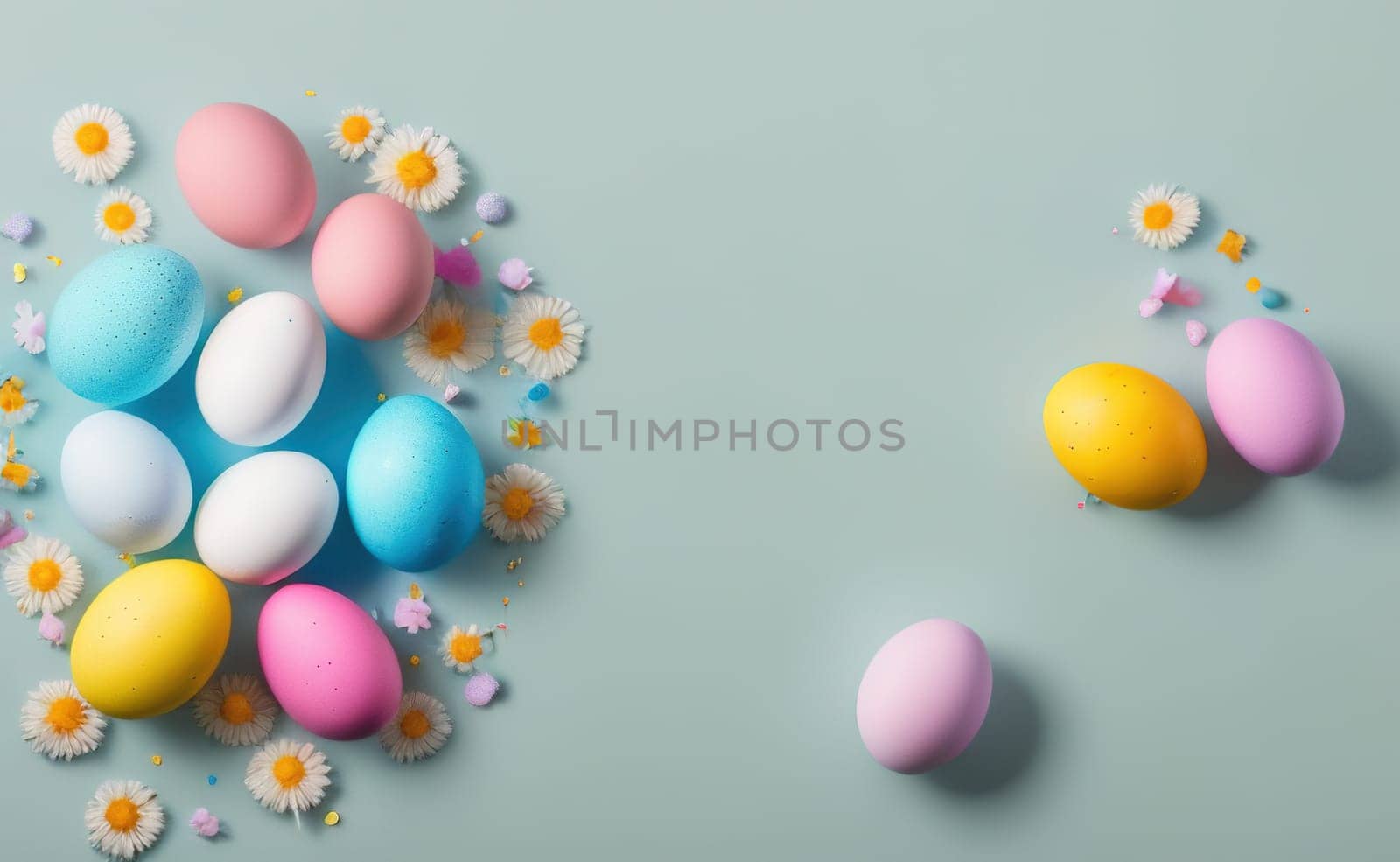 Happy easter background with flowers and eggs lined with a frame for text pastel colors with lots of free space on a pale blue background