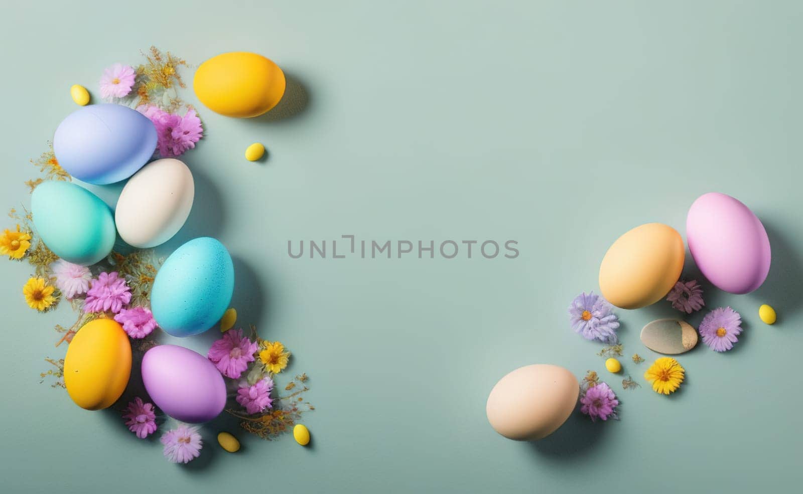 Minimalist, modern Easter background with flowers and Easter eggs in pastel by EkaterinaPereslavtseva