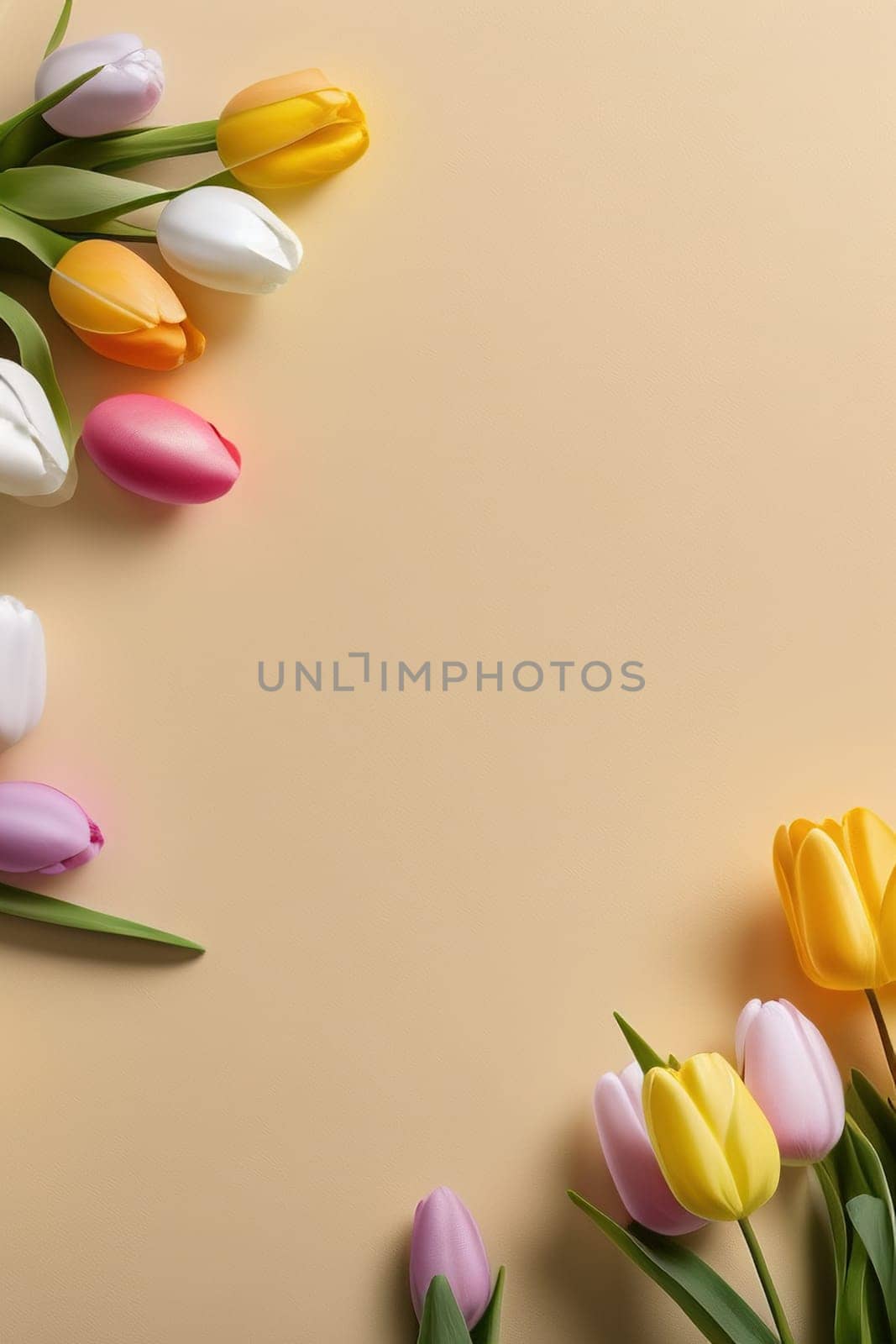 Colorful tulips and eggs lying on teal beige background with copy space for easter celebration