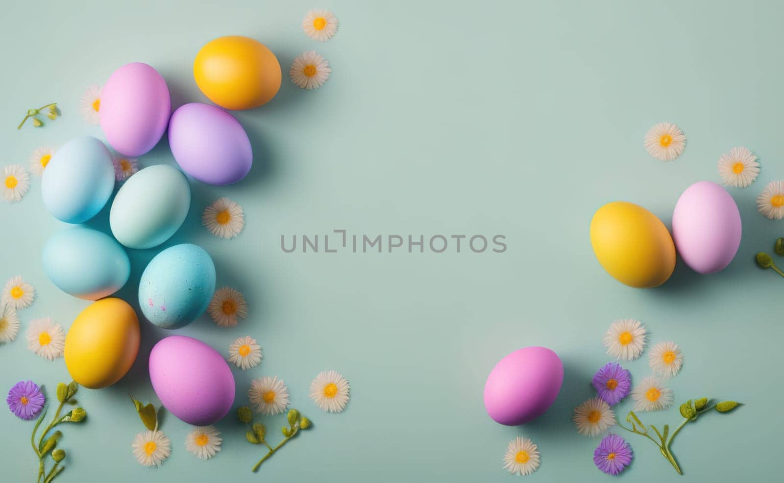 Happy easter background with flowers and eggs lined with a frame for text pastel colors with lots of free space on a pale blue background