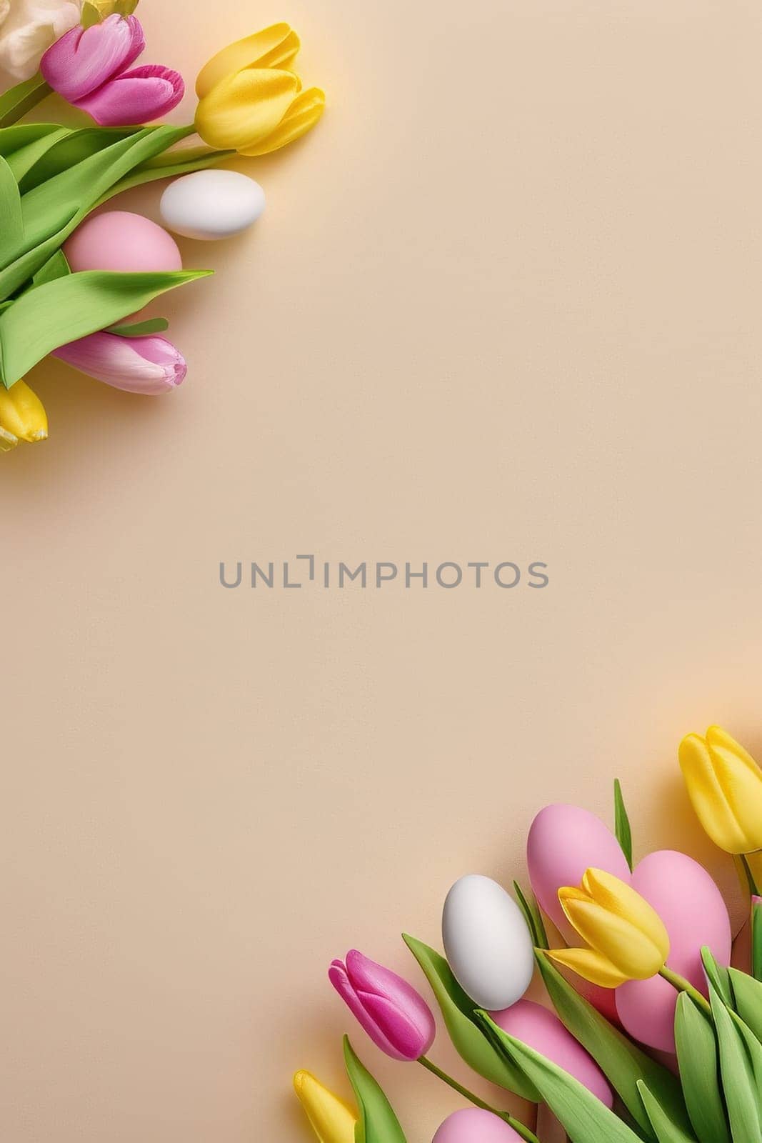 Colorful tulips and eggs lying on teal beige background with copy space by EkaterinaPereslavtseva