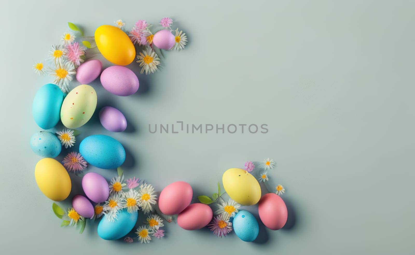 Minimalist, modern Easter background with flowers and Easter eggs in pastel by EkaterinaPereslavtseva