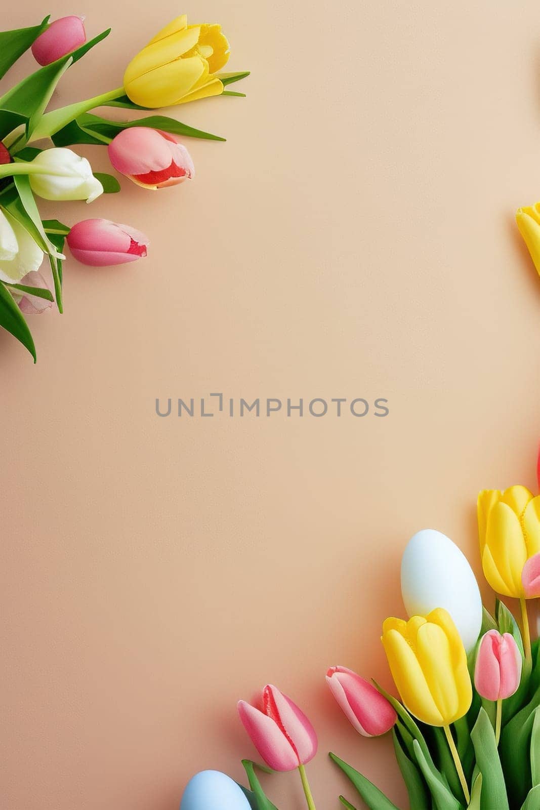 Colorful tulips and eggs lying on teal beige background with copy space for easter celebration