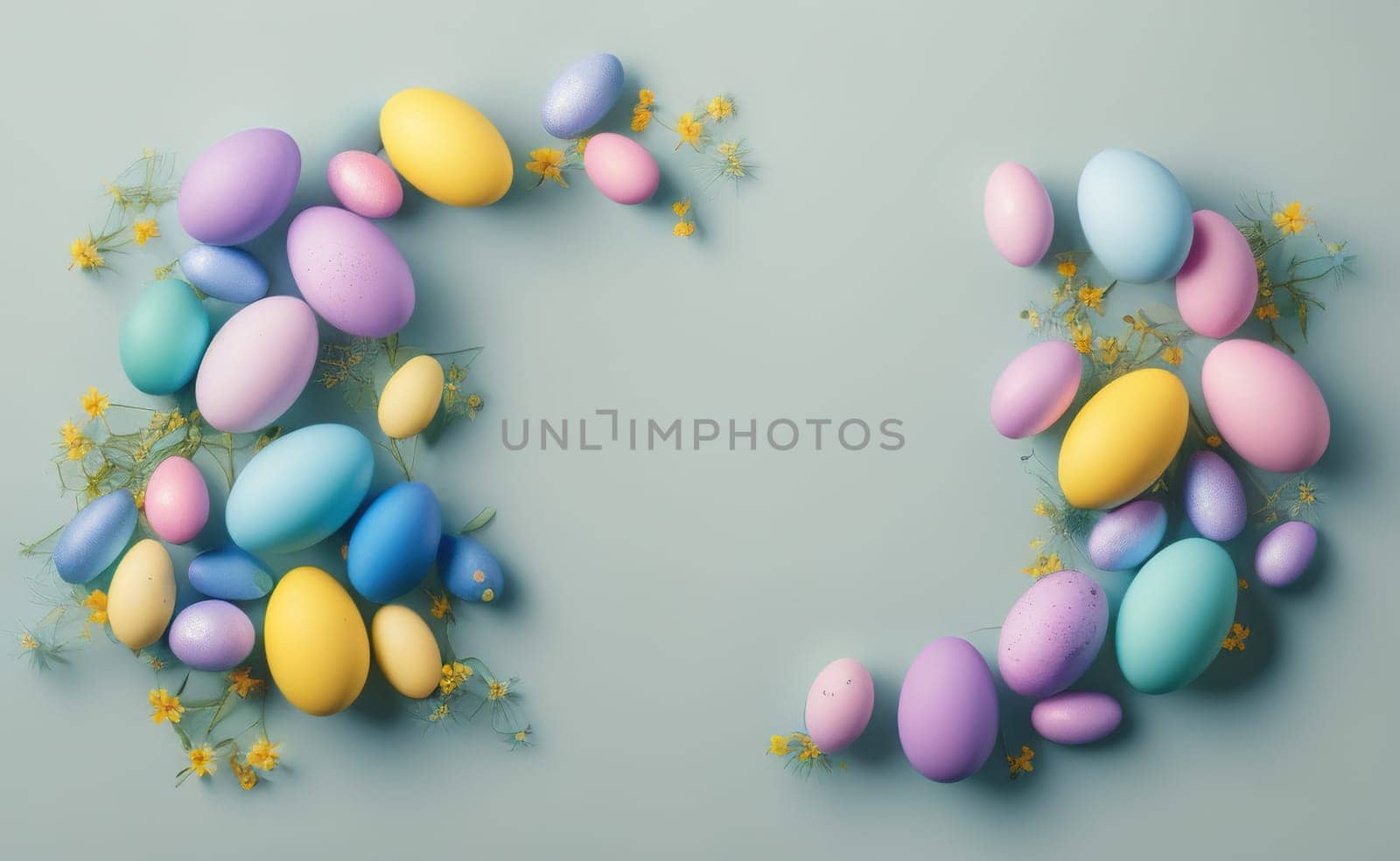 Minimalist, modern Easter background with flowers and Easter eggs in pastel by EkaterinaPereslavtseva