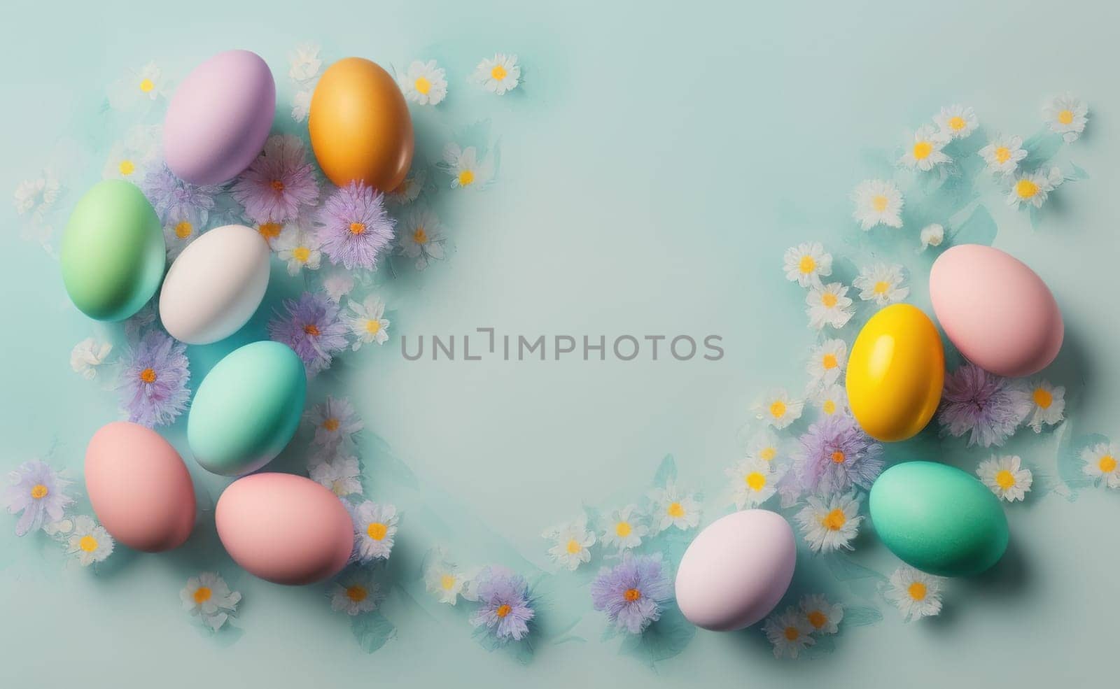 Happy easter background with flowers and eggs lined with a frame for text by EkaterinaPereslavtseva