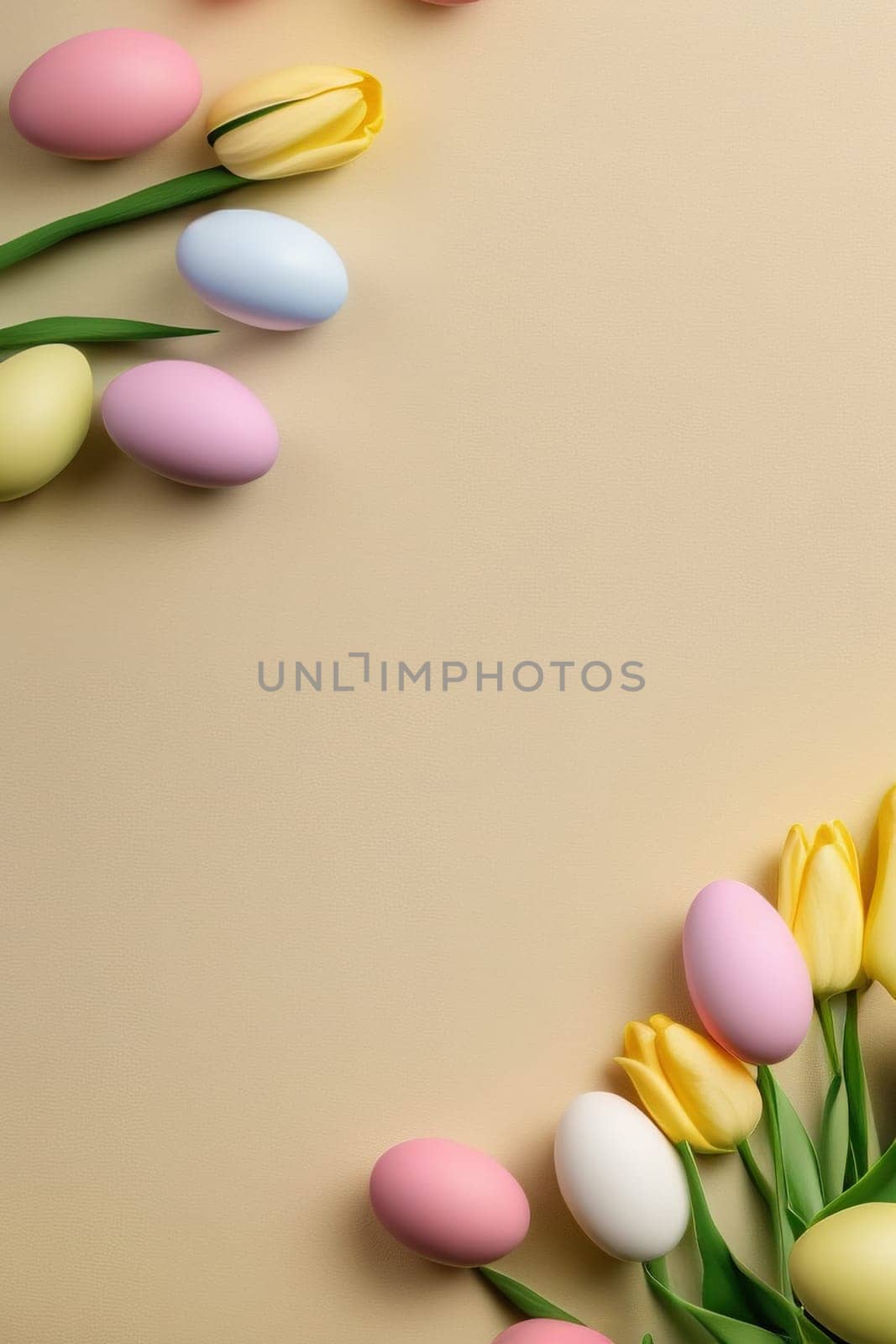 Colorful tulips and eggs lying on teal beige background with copy space by EkaterinaPereslavtseva