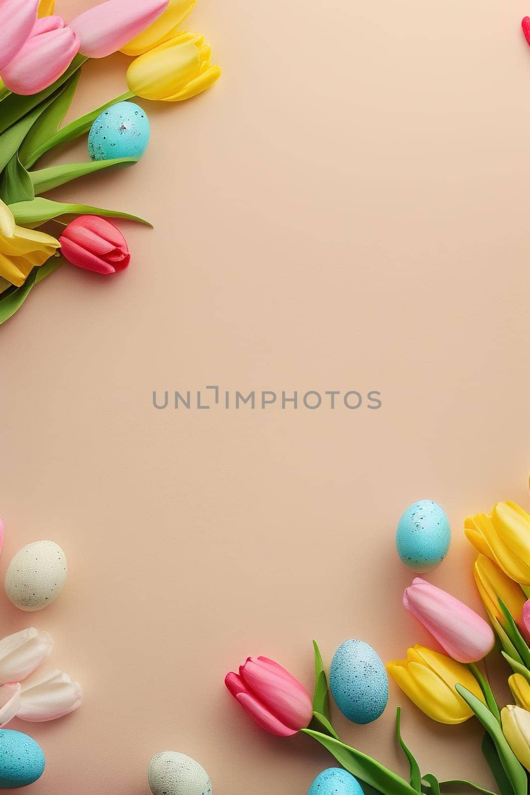 Colorful tulips and eggs lying on teal beige background with copy space for easter celebration