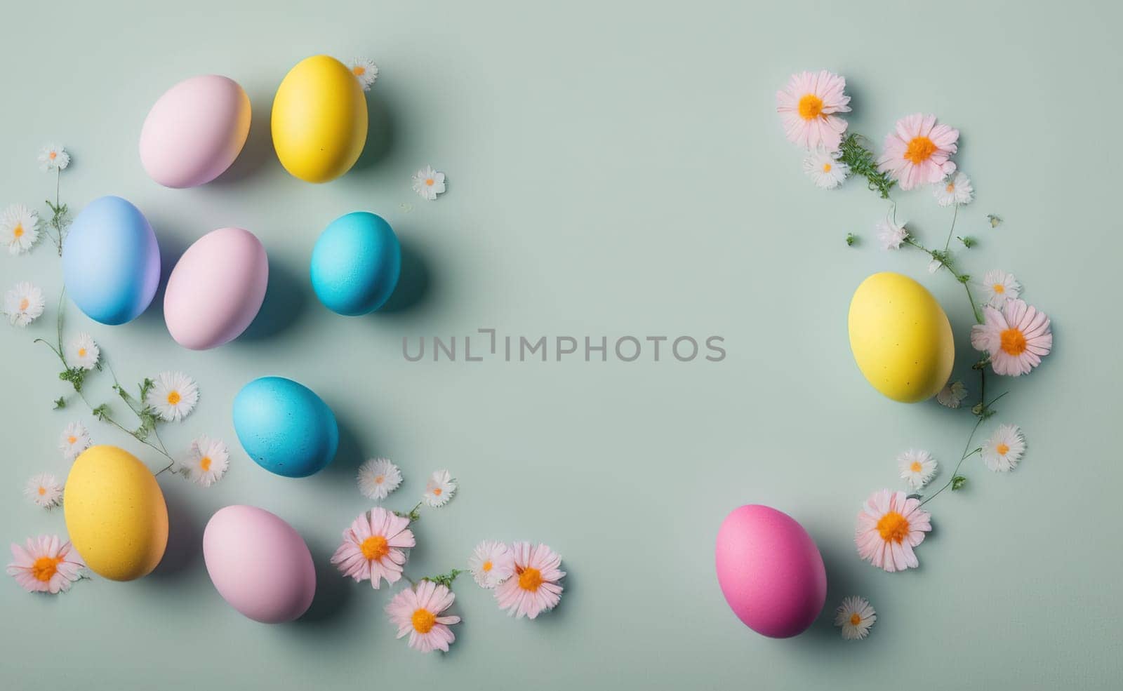 Minimalist, modern Easter background with flowers and Easter eggs in pastel by EkaterinaPereslavtseva