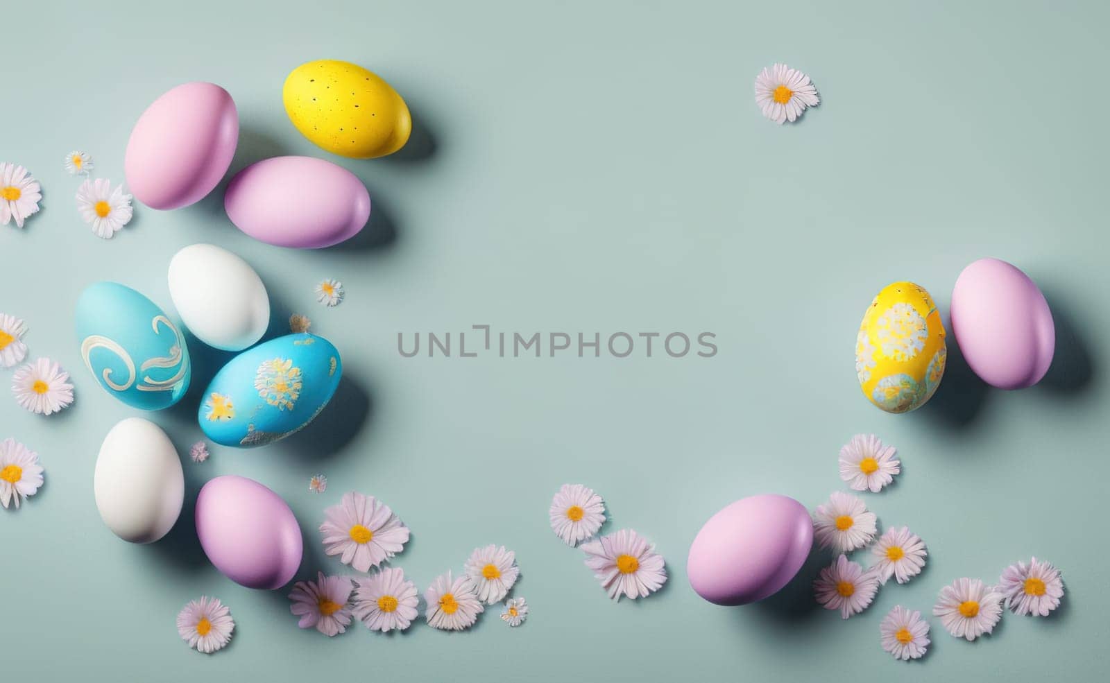 Minimalist, modern Easter background with flowers and Easter eggs in pastel by EkaterinaPereslavtseva