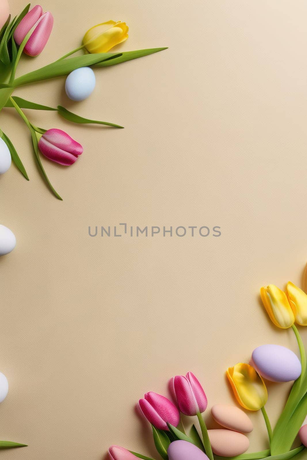 Colorful tulips and eggs lying on teal beige background with copy space for easter celebration