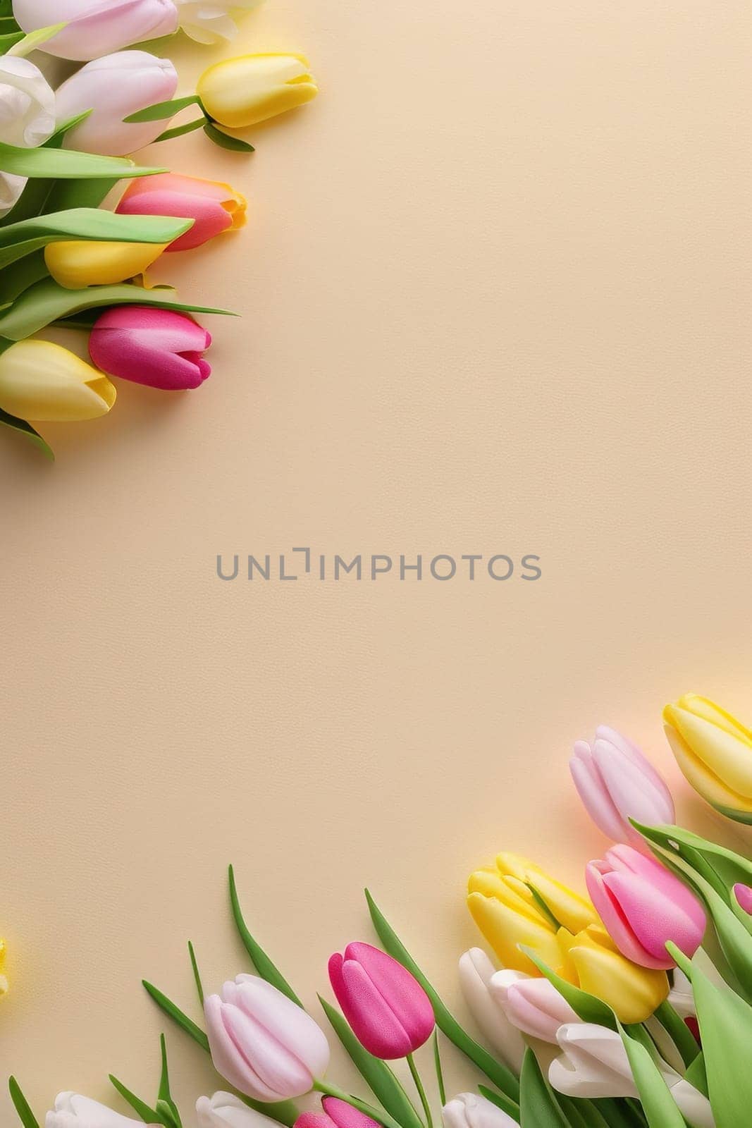 Colorful tulips and eggs lying on teal beige background with copy space for easter celebration