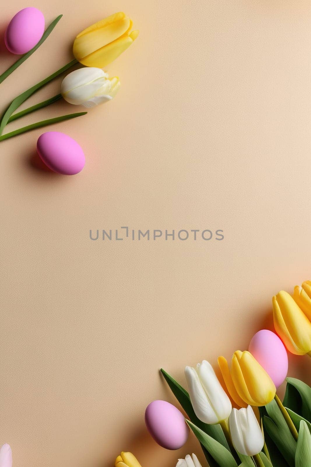 Colorful tulips and eggs lying on teal beige background with copy space for easter celebration