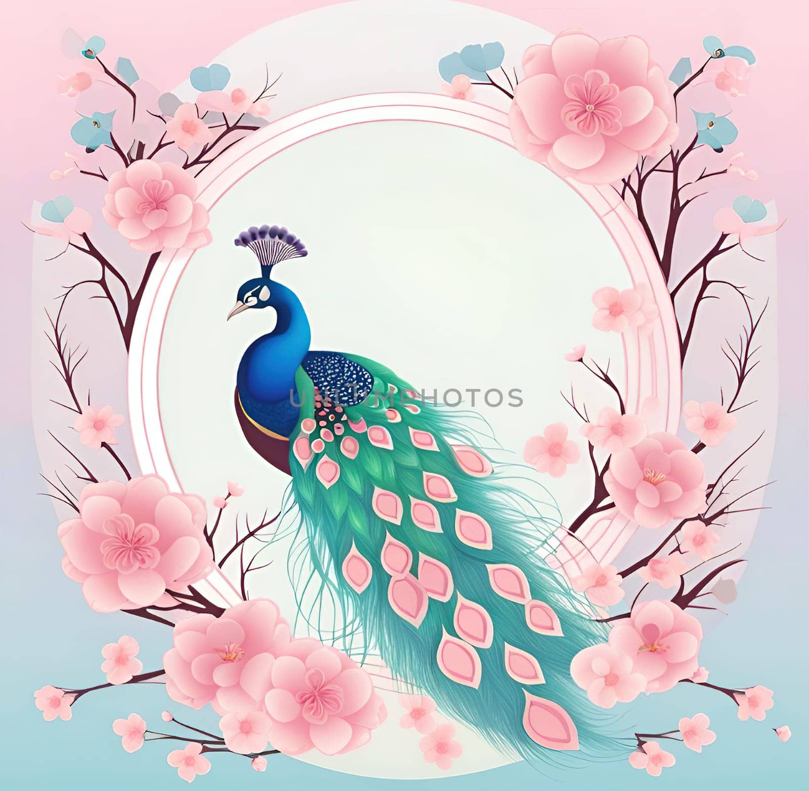 Peacock and cherry blossom background vector illustration. spring season