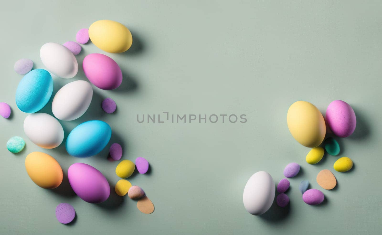 Minimalist, modern Easter background with flowers and Easter eggs in pastel by EkaterinaPereslavtseva