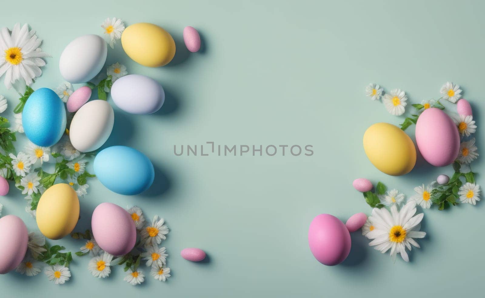 Happy easter background with flowers and eggs lined with a frame for text pastel colors with lots of free space on a pale blue background