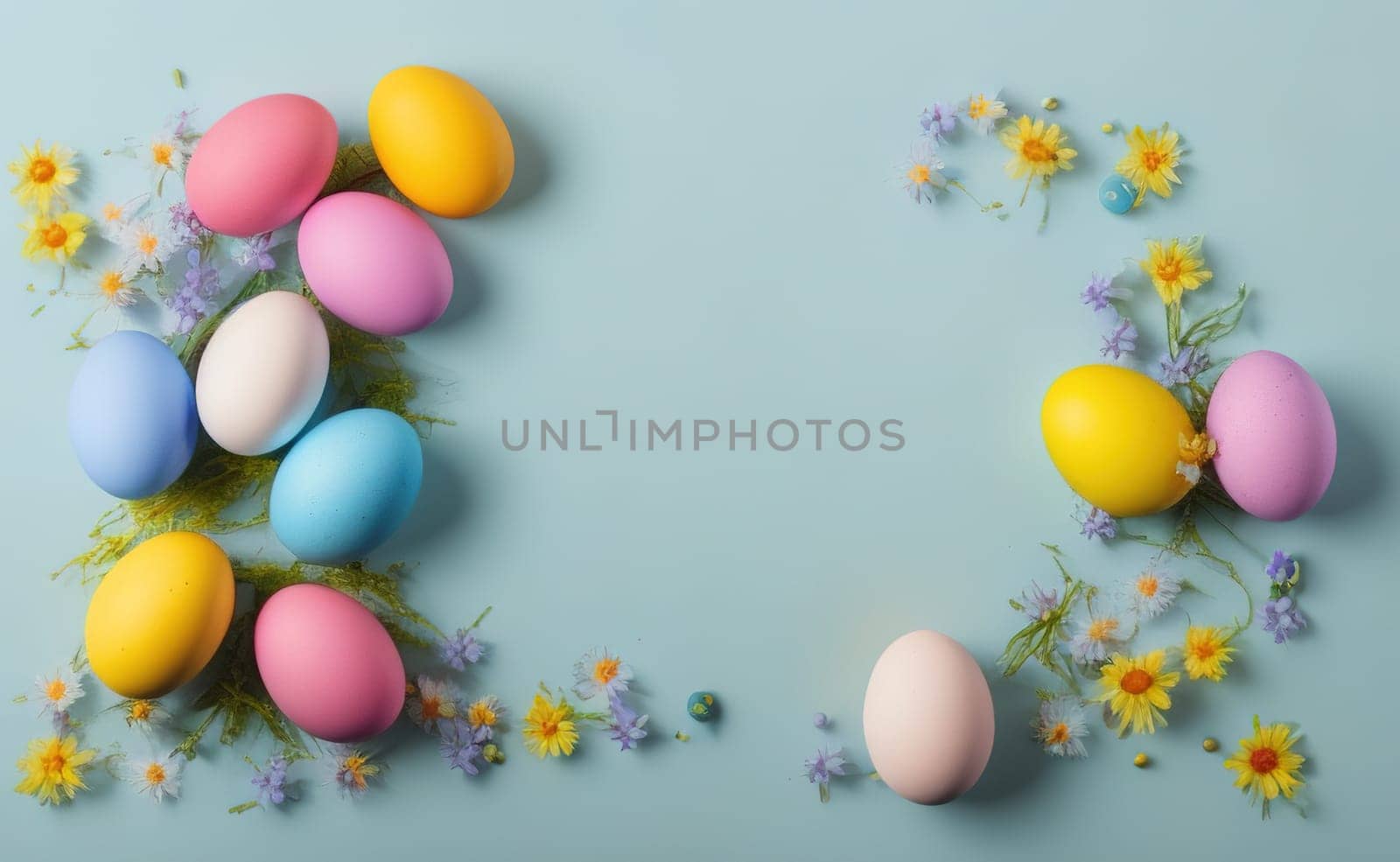 Minimalist, modern Easter background with flowers and Easter eggs in pastel by EkaterinaPereslavtseva