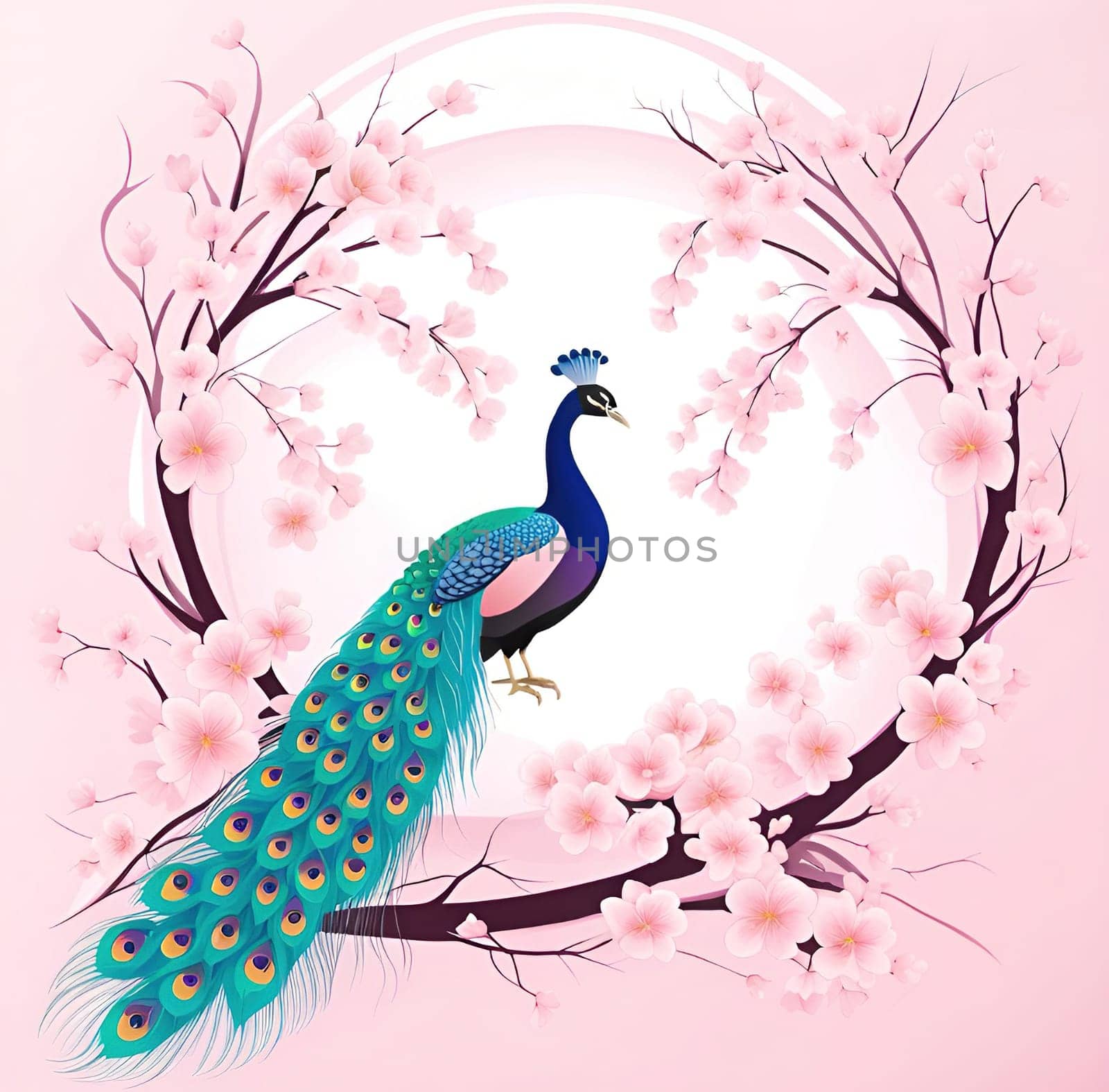 Peacock and cherry blossom background vector illustration. spring season