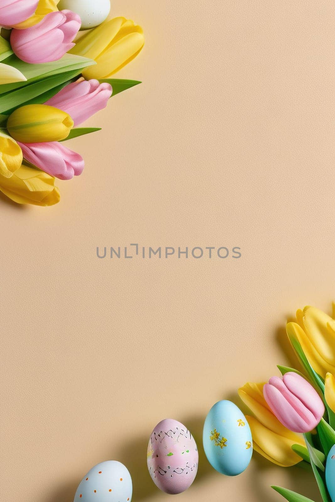 Colorful tulips and eggs lying on teal beige background with copy space by EkaterinaPereslavtseva