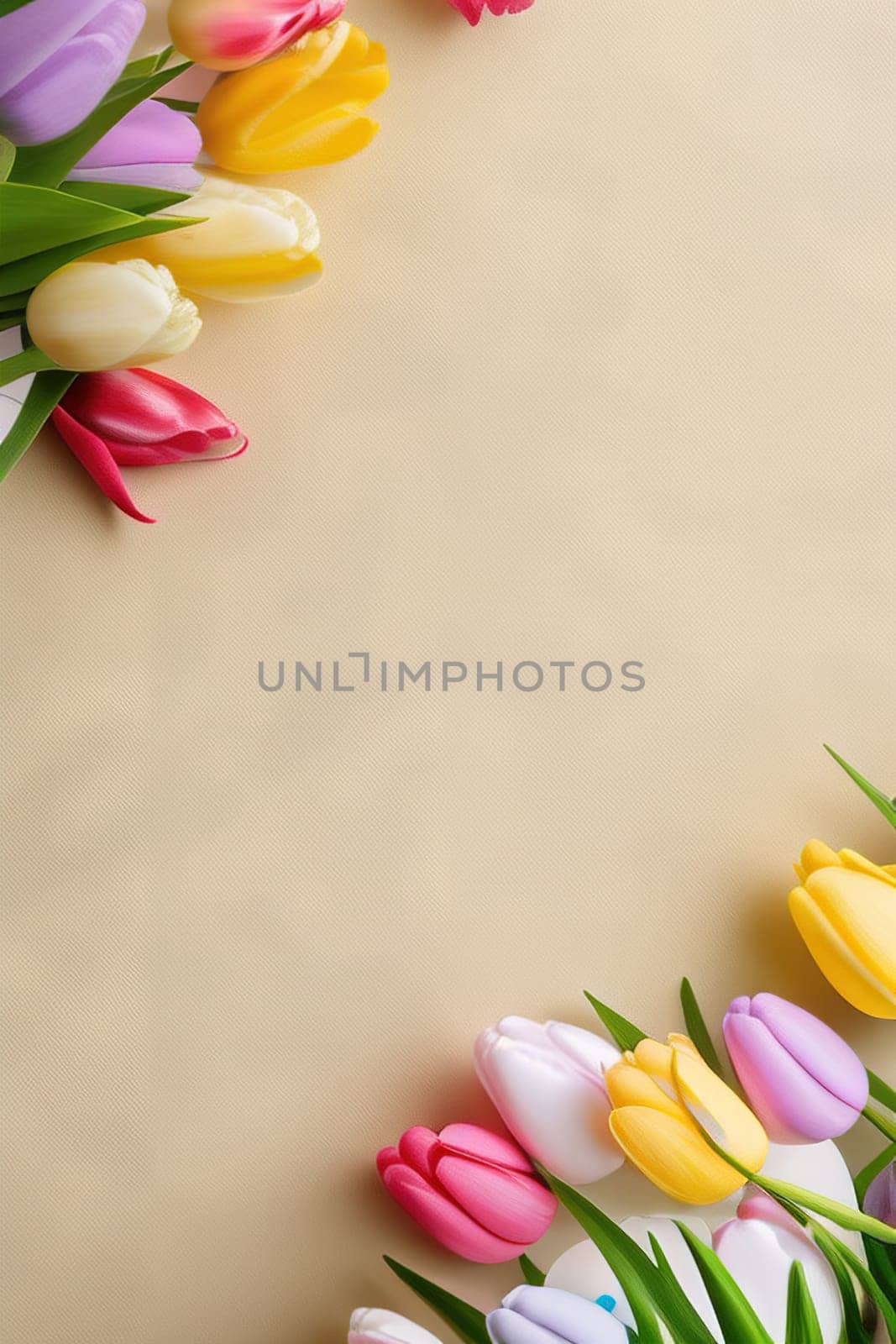 Colorful tulips and eggs lying on teal beige background with copy space for easter celebration