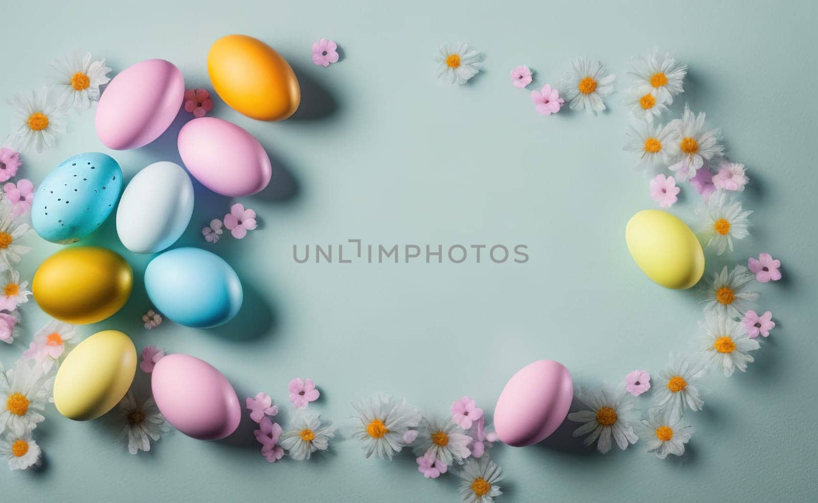 Happy easter background with flowers and eggs lined with a frame for text pastel colors with lots of free space on a pale blue background