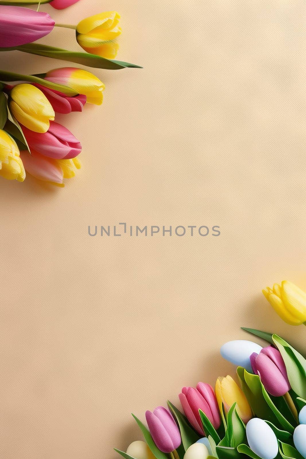 Colorful tulips and eggs lying on teal beige background with copy space by EkaterinaPereslavtseva