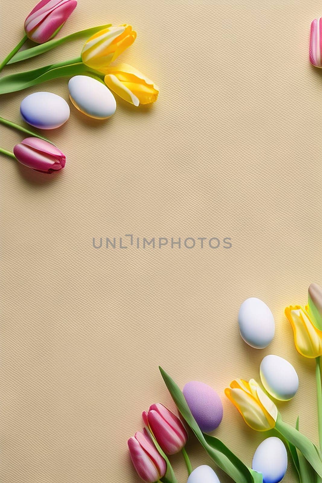 Colorful tulips and eggs lying on teal beige background with copy space for easter celebration