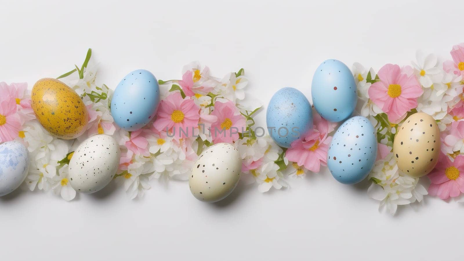 Easter eggs and small flowers on white background Floral border, on pastel isolated background. Valentine's day, spring, birthday, happy women's day, mother's day. Flat lay, top view, free space