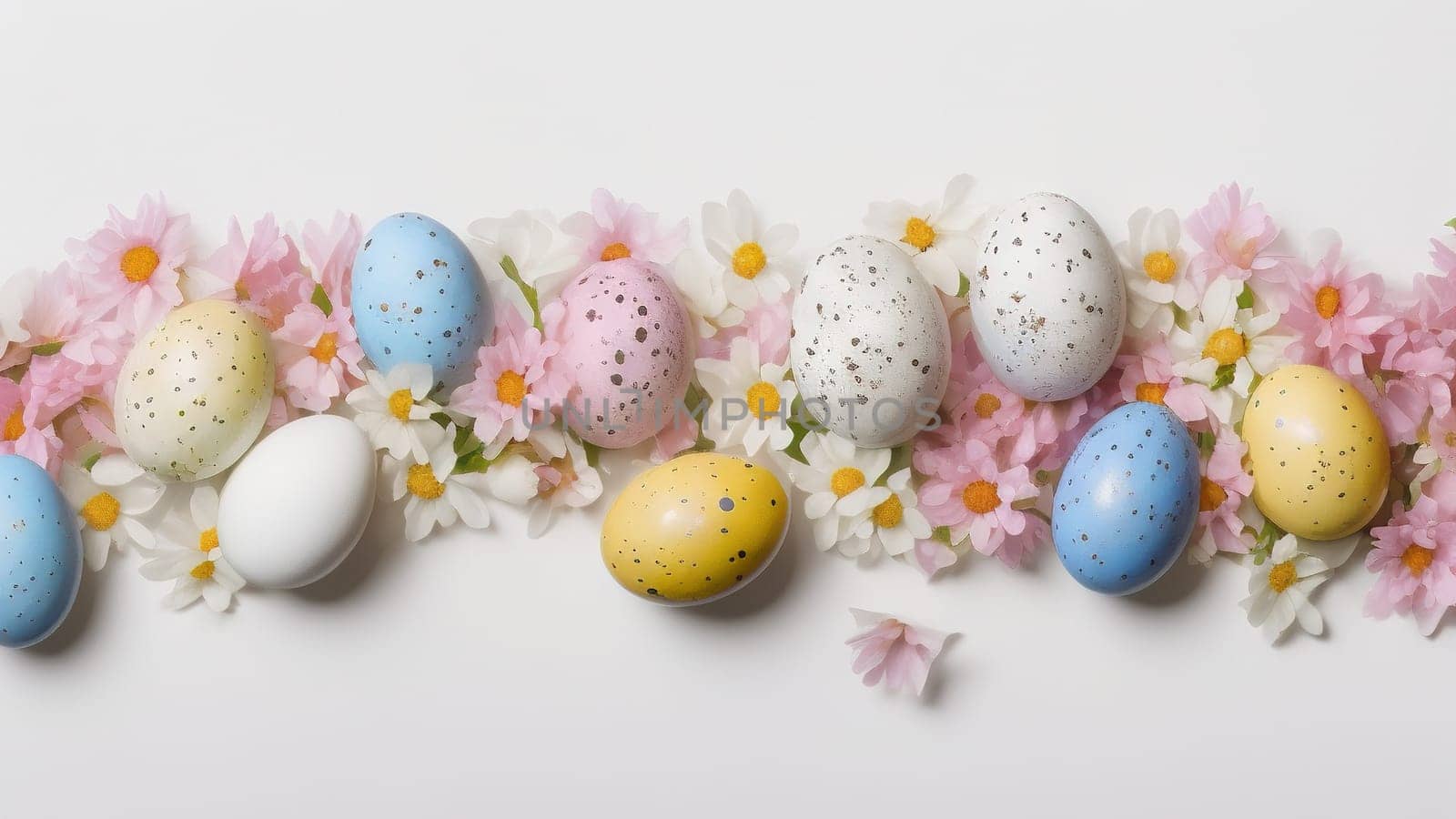 Easter eggs and small flowers on white background Floral border, on pastel by EkaterinaPereslavtseva