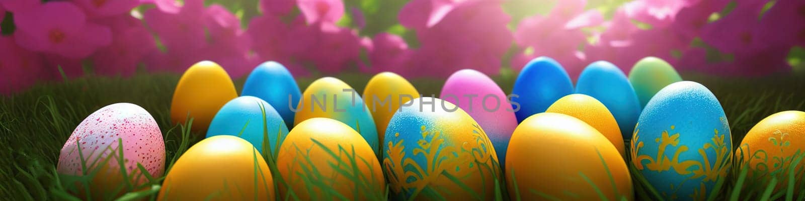 Fresh spring background with easter eggs banner green juicy meadow. Colored Easter eggs hidden flowers grass.Easter by EkaterinaPereslavtseva