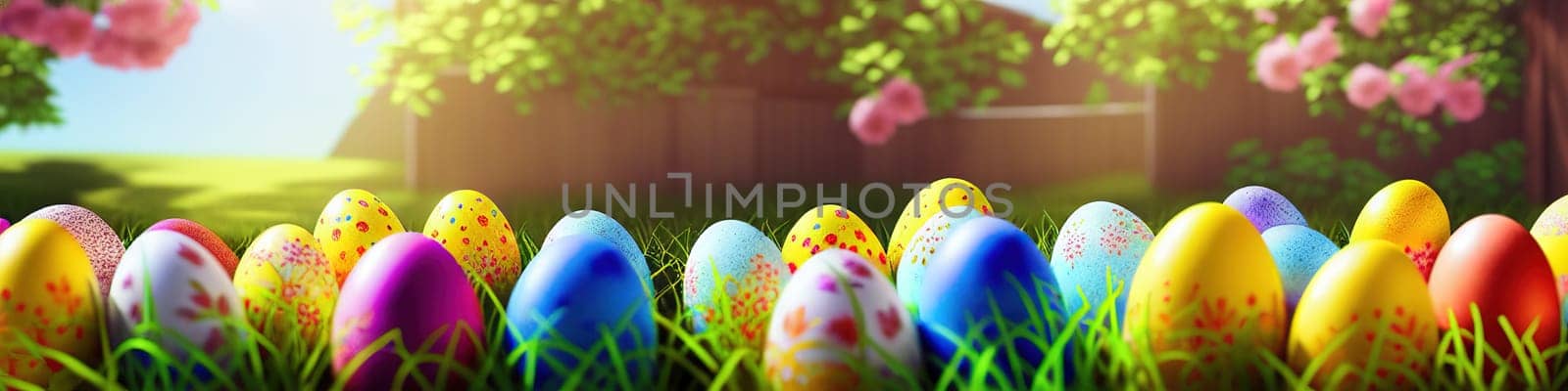 Fresh spring background with easter eggs banner green juicy meadow. Colored Easter eggs hidden flowers grass.Easter by EkaterinaPereslavtseva