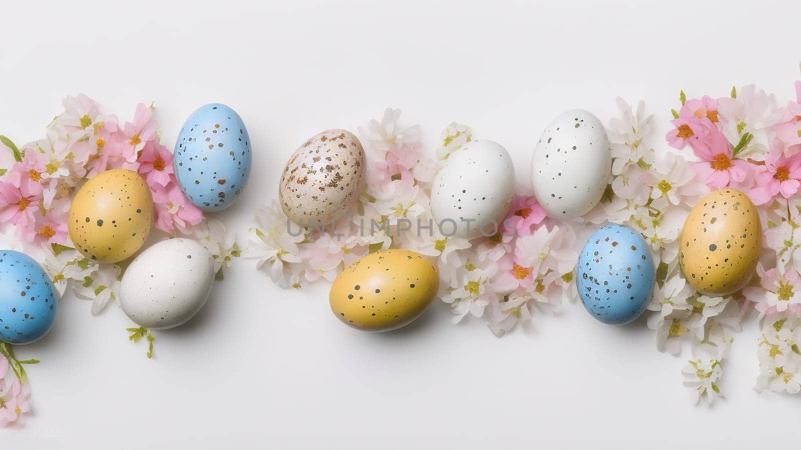 Easter eggs and small flowers on white background Floral border, on pastel isolated background. Valentine's day, spring, birthday, happy women's day, mother's day. Flat lay, top view, free space