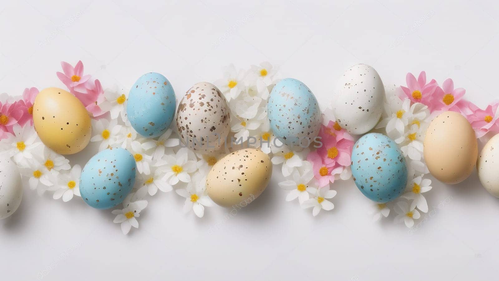 Easter eggs and small flowers on white background Floral border, on pastel isolated background. Valentine's day, spring, birthday, happy women's day, mother's day. Flat lay, top view, free space