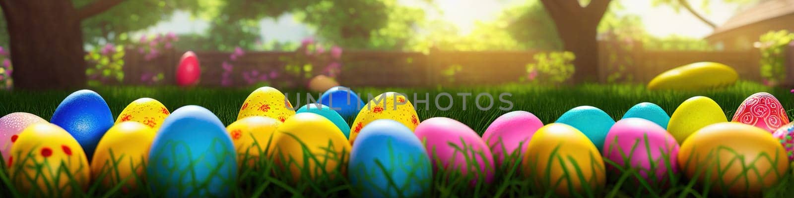 Fresh spring background with easter eggs banner green juicy meadow. Colored Easter eggs hidden flowers grass.Easter by EkaterinaPereslavtseva