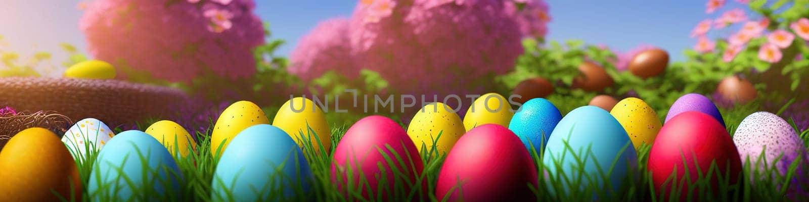 Fresh spring background with easter eggs banner green juicy meadow. Colored Easter eggs hidden flowers grass.Easter by EkaterinaPereslavtseva