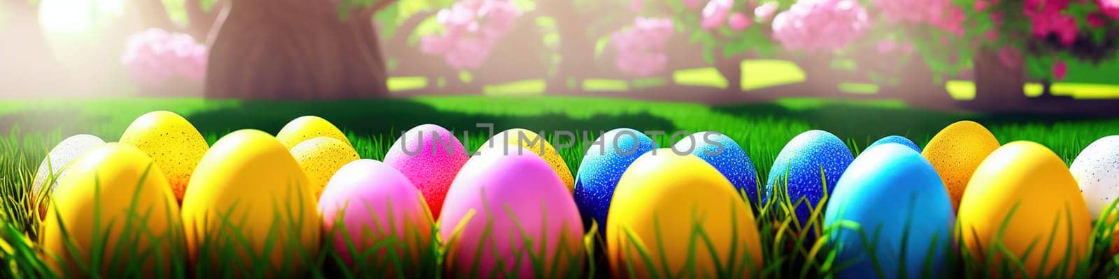 Fresh spring background with easter eggs banner green juicy meadow. Colored Easter eggs hidden flowers grass.Easter by EkaterinaPereslavtseva