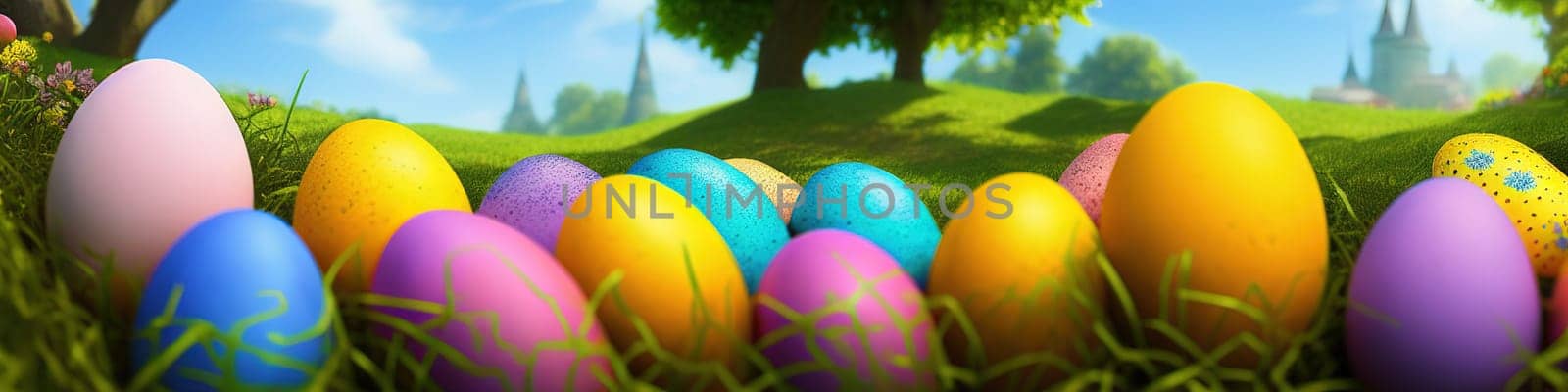 Fresh spring background with easter eggs banner green juicy meadow. Colored Easter eggs hidden flowers grass.Easter by EkaterinaPereslavtseva