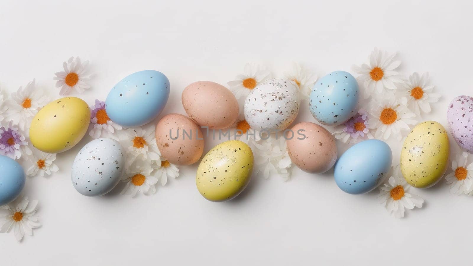 Easter eggs and small flowers on white background Floral border, on pastel isolated background. Valentine's day, spring, birthday, happy women's day, mother's day. Flat lay, top view, free space