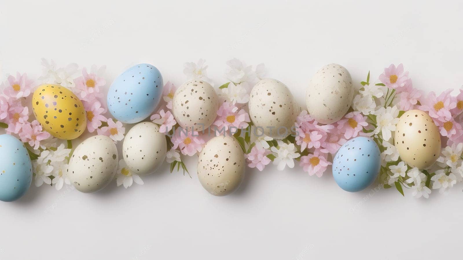 Easter eggs and small flowers on white background Floral border, on pastel isolated background. Valentine's day, spring, birthday, happy women's day, mother's day. Flat lay, top view, free space