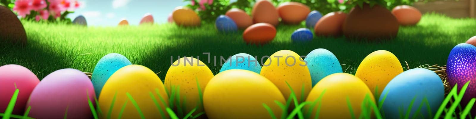 Fresh spring background with easter eggs banner green juicy meadow. Colored Easter eggs hidden flowers grass.Easter by EkaterinaPereslavtseva