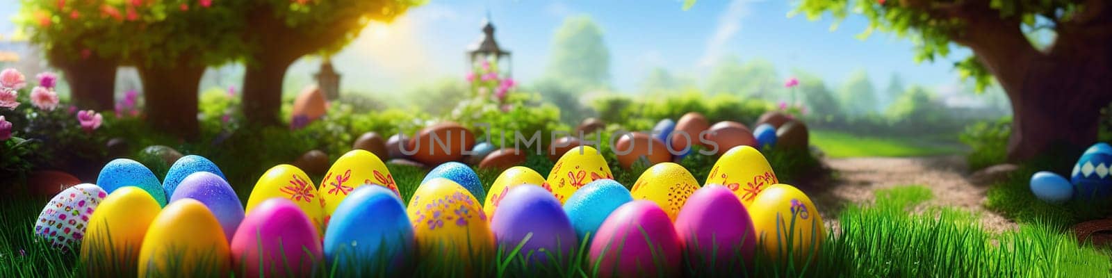 Fresh spring background with easter eggs banner green juicy meadow. Colored Easter eggs hidden flowers grass.Easter by EkaterinaPereslavtseva