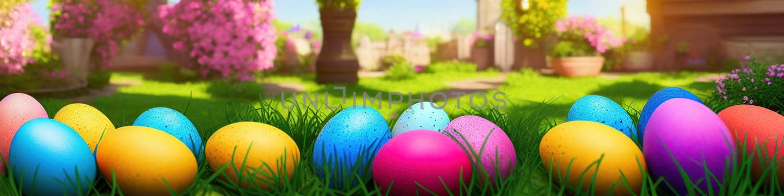 Fresh spring background with easter eggs banner green juicy meadow. Colored Easter eggs hidden flowers grass.Easter concept. Spring summer background with fresh grass against blue sky with.