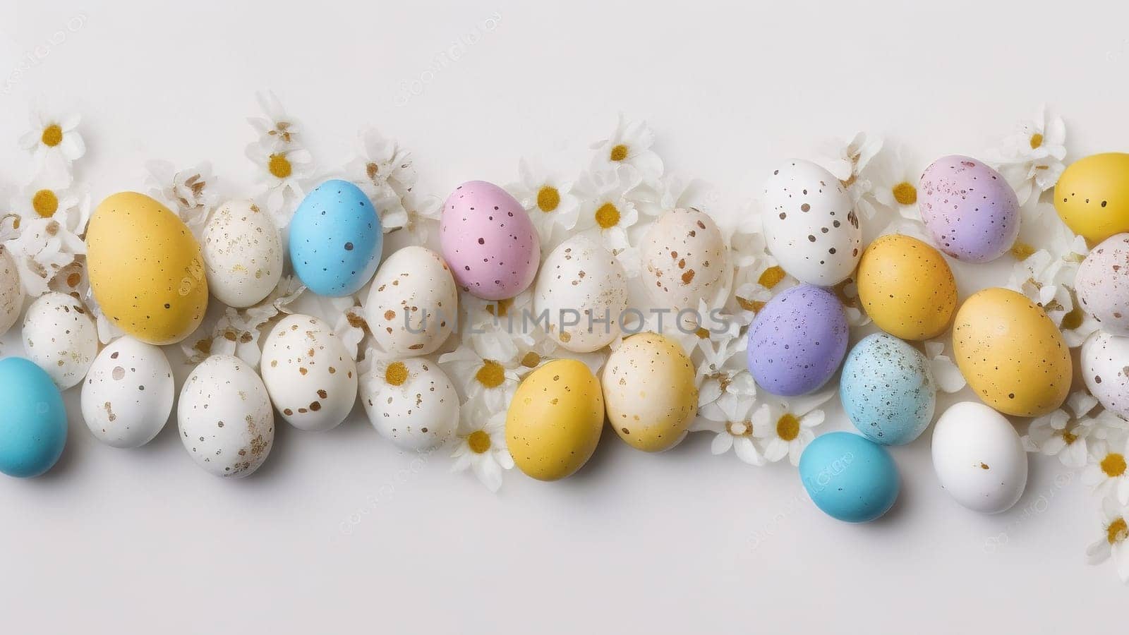 Easter eggs and small flowers on white background Floral border, on pastel isolated background. Valentine's day, spring, birthday, happy women's day, mother's day. Flat lay, top view, free space