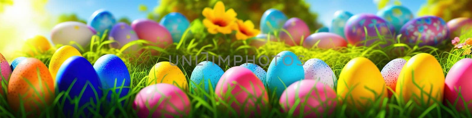 Fresh spring background with easter eggs banner green juicy meadow. Colored Easter eggs hidden flowers grass.Easter concept. Spring summer background with fresh grass against blue sky with.