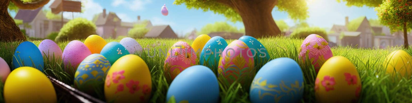 Fresh spring background with easter eggs banner green juicy meadow. Colored Easter eggs hidden flowers grass.Easter concept. Spring summer background with fresh grass against blue sky with.